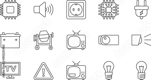 Electronics and home appliances line icons set with power devices media warning technology symbols vector illustration design interface