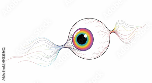 Abstract colorful eyeball illustration with vibrant rainbow iris and flowing spectral data streams