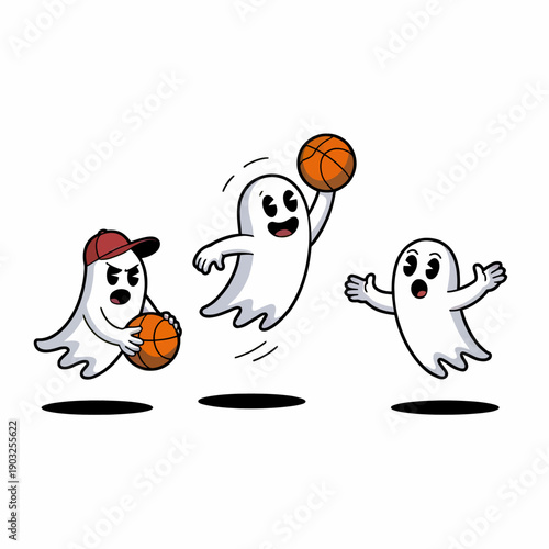 Three cute, cartoon-like ghosts are engaging in a lively game of basketball.
