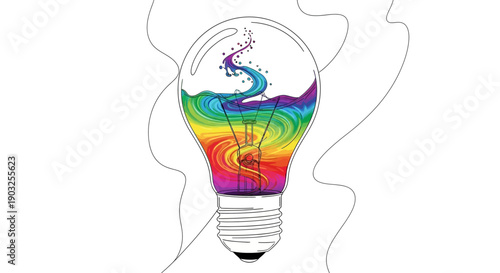 A vibrant artistic illustration of a lightbulb filled with swirling rainbow colors symbolizing