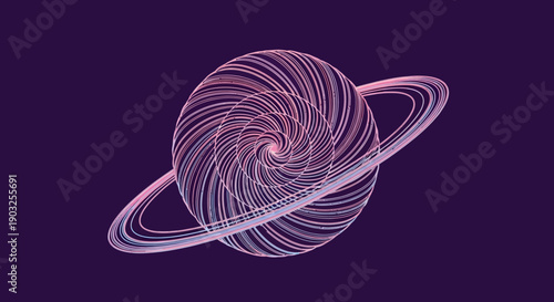 Abstract Purple Planet with Swirling Pink Rings Digital Art Illustration on Dark Background
