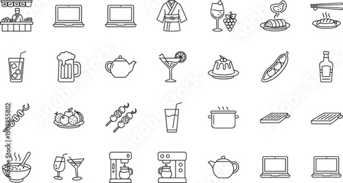 Food and beverage line icons set with drinks desserts kitchen appliances restaurant dining symbols vector illustration design