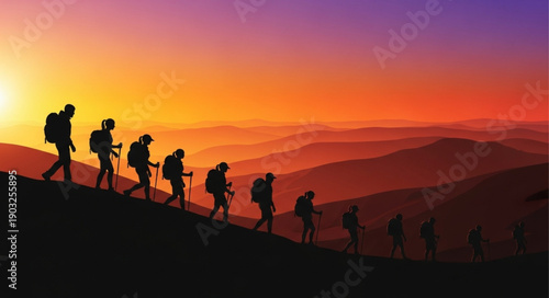 Silhouetted hikers walking down a mountain trail at sunset.
