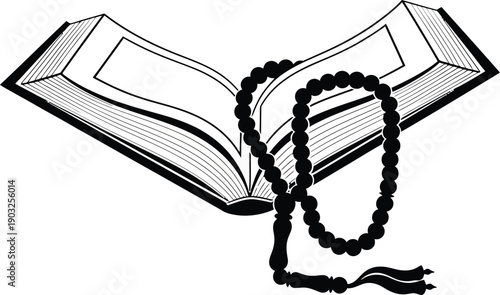 Black and white illustration of an open book with a rosary on top