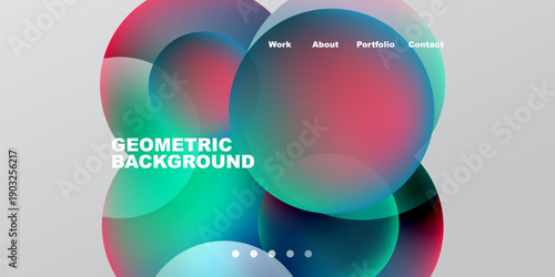 Abstract colorful shapes overlap, creating dynamic background. Text displays portfolio navigation options, geometric design visible.