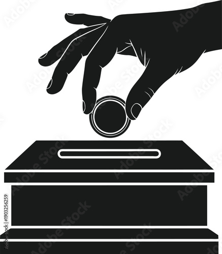 Black silhouette of a hand putting a ballot into a box for voting concept
