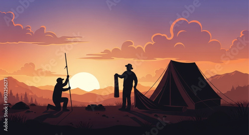 Two people setting up camp at sunset in the mountains.