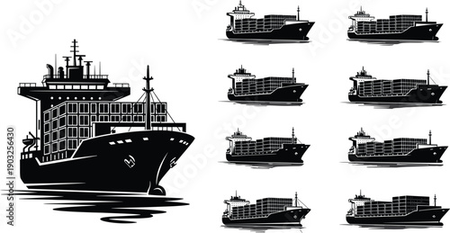 Set of black container ship silhouettes and cargo vessel icons isolated on white background for international shipping and maritime logistics