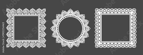Whimsical lace frames set with square, circular and ornate scalloped borders. Vintage elegant oval and rectangle shapes decorated with floral lace pattern. Vector invitations and social media graphics