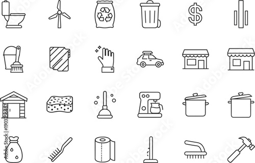 Household services and utilities line icon set featuring cleaning repair recycling finance home symbols vector collection minimal modern