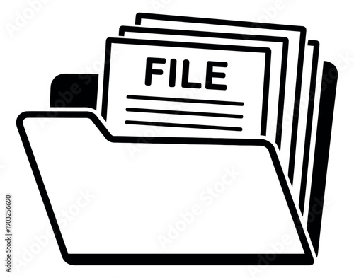Line art illustration of a file folder depicting stored files for office administration