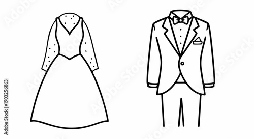 Minimalist Wedding Dress and Groom Suit Tuxedo Vector Outline Icons