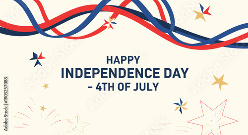 Happy Independence Day 4th of July banner with red, white, and blue ribbons and starburst effects, for website or social media header
