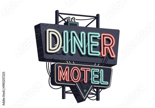Vibrant neon sign for a diner and motel, retro style, on a metal structure, viewed from the front