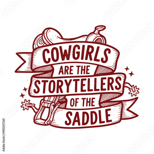  vintage cowgirl illustration with ribbon banner isolated on white background