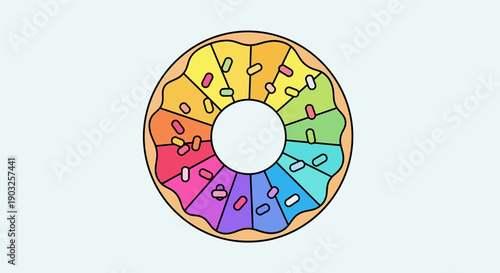 A vibrant and colorful cartoon donut illustration with segmented rainbow icing and playful