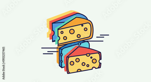 Dynamic Cheese Slices Vector Illustration with Layered Colorful Effect and Speed Lines on White