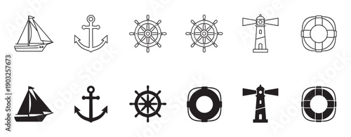 Set of black nautical icons featuring a sailboat, anchor, ship's wheel, lighthouse, and lifebuoy presented in both line art and solid silhouette styles for graphic design