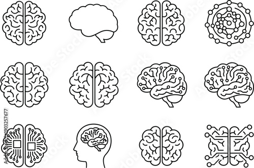 Human brain anatomy and artificial intelligence line icons set with neural network thinking technology symbols vector illustration