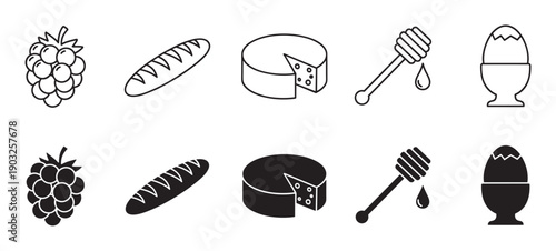 Set of black food icons for breakfast including raspberry, baguette, cheese, honey, and a boiled egg, presented in both simple outline and solid glyph styles for graphic design