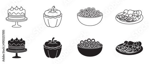 Black and white food icon collection showing a birthday cake, bell pepper, cereal bowl, and salami platter, illustrated in two distinct styles of simple outline and solid glyph