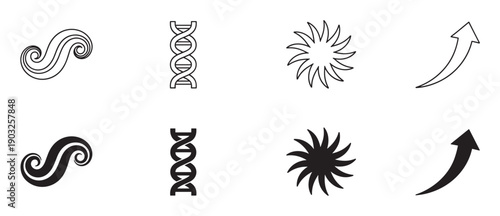 Set of black graphic icons including a swirl, DNA strand, sunburst, and arrow, shown as simple line art outlines and filled solid silhouette vector shapes for universal symbols