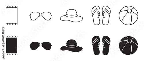 Set of black beach vacation icons including a towel, sunglasses, hat, flip-flops, and ball shown in both simple outline and solid silhouette styles for summer holiday concepts