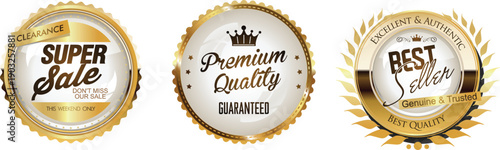 Three golden badges showcasing super sale, premium quality, and best cover awards.