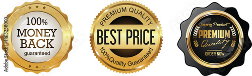 Three distinct badges showcasing money back guarantee, best price, and premium quality awards