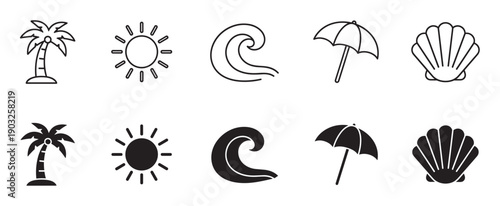 Collection of black summer beach icons featuring a palm tree, sun, wave, umbrella, and seashell in two distinct graphic styles, a simple line art outline and a solid filled silhouette