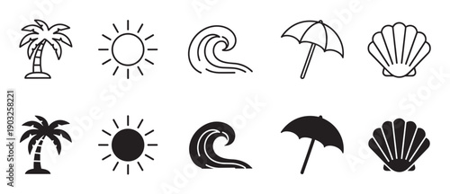 Set of black summer beach icons in two styles, outline and solid glyph, showing a palm tree, sun, wave, umbrella, and seashell for vacation and travel themes