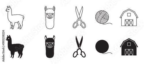 Llama and alpaca farming icon collection with wool yarn, shearing scissors, and a barn, shown as simple black line art and solid silhouette graphic elements for design