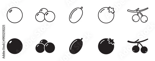 Minimalist fruit and berry icon set with outline and solid glyph versions, featuring olive, grape, cherry, and tomato for clean graphic and web design elements