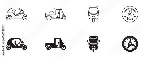 Set of auto rickshaw icons featuring three-wheeled vehicles in both outline and solid glyph styles, including passenger, cargo, and front view designs for transport concepts