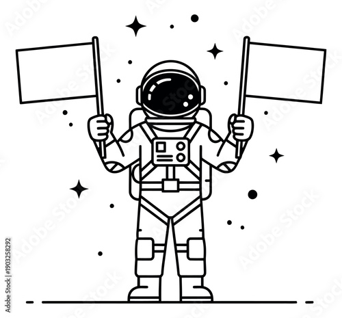 Line art illustration of an astronaut depicting holding two blank flags for customizable messaging