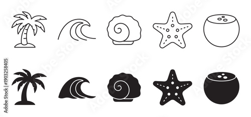 Set of black summer beach icons featuring a palm tree, wave, seashell, starfish, and coconut in both outline and solid glyph styles for tropical vacation designs