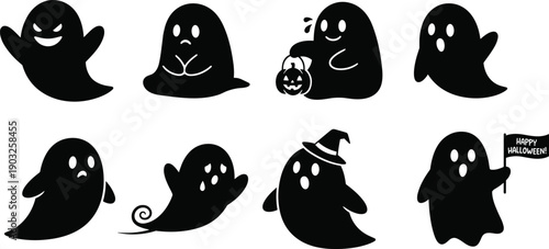 Cute halloween ghost characters set, funny spooky spirits illustration, cartoon ghost collection, playful scary icons for halloween design
