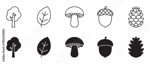Set of black forest nature icons showing a tree, leaf, mushroom, acorn, and pinecone in two styles, a simple thin line outline and a solid black silhouette glyph