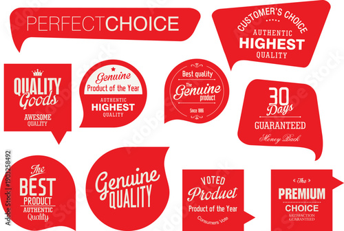 Assorted red labels with various quality assurance and guarantee phrases