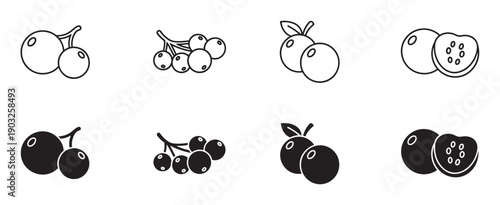 Set of black berry fruit icons in line and solid glyph styles showing whole berries, clusters on a branch, leaves, and a cross-section with seeds for graphic design