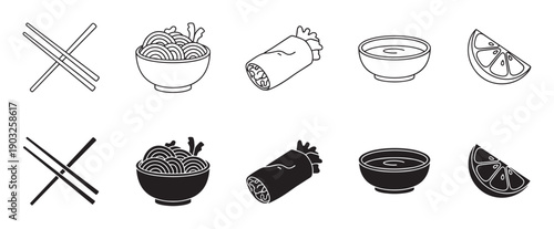 Set of Asian food icons in both line art and solid silhouette styles, featuring chopsticks, a bowl of ramen noodles, a spring roll, a dipping sauce bowl, and a citrus wedge