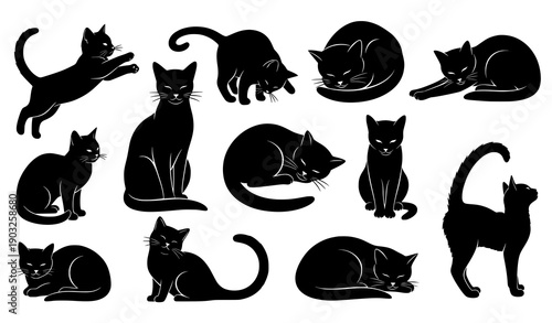 Minimalist isolated cat silhouettes vector set with playful and elegant feline poses