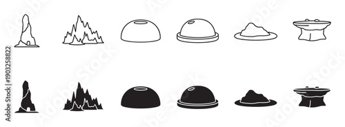 Stalactite and stalagmite vector icon set showing various underground rock formations in minimalist line art and solid silhouette versions