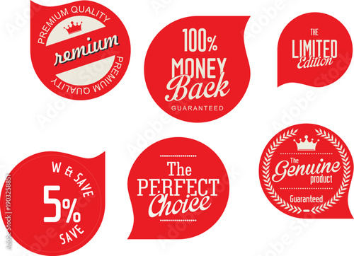 Collection of vibrant red promotional labels with various slogans and offers