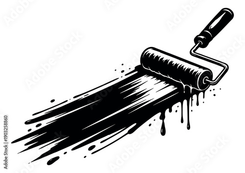 Bold line art illustration of a paint roller depicting a wet black paint stroke for painting and renovation