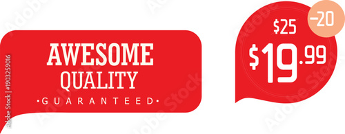 Red sale signs advertising a price drop from $25 to $19.99 with a guarantee of awesome quality