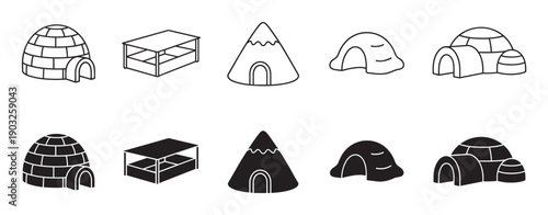 Collection of black shelter icons showing various dwellings like an igloo, tent, and cave, presented in both minimalist outline and solid glyph styles for graphic design