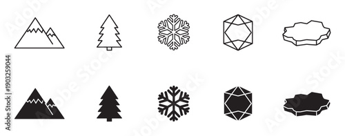 Black winter and nature icon collection featuring a mountain, fir tree, snowflake, ice crystal, and floe, presented in two distinct styles: thin line art and solid silhouette