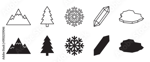 Black winter icon collection featuring a mountain, pine tree, snowflake, ice crystal, and iceberg, presented in both outline and solid silhouette graphic styles