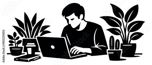 Graphic illustration of a man depicting working from home with houseplants for online business